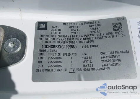 2016 Chevrolet Colorado Wt z USA, uszkodzony, nr VIN 1GCHSBE3XG1299559